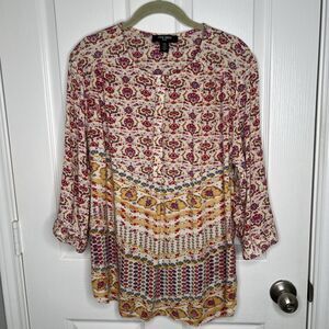 Nine West Jean Henley Tunic Top Womens Size XXL 2XL Floral Roll Tab Crinkle